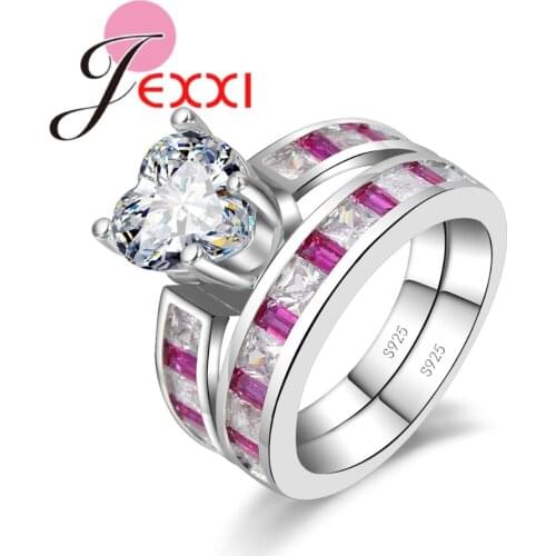 Love Heart Cubic Zirconia with White & Red Crystal 925 Sterling Silver Finger Ring Sets for Women Wedding Jewelry