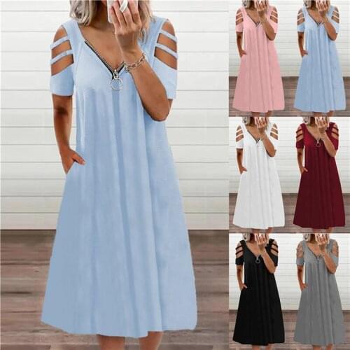 V Neck Elegant Zipper Dress Women Summer Casual Hollow Out Solid Fashion Pocket Short Sleeve Party Dress Plus Size Vestidos