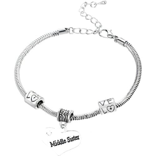 12PC Love Bead Chain Bangles Middle Sister Clear Crystal Heart Pendant Bracelets Family Girl Sister Best Friends Xmas Gifts Hot