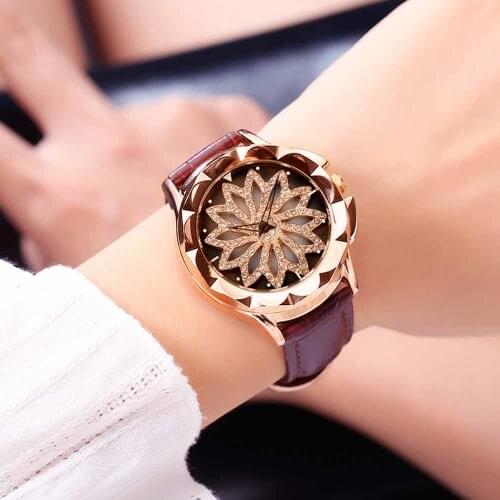 2020 Luxury Rotation Hollow Women Watches Rose Gold Flower Crystal Ladies Quartz Watch Waterproof female Clock relogio feminino