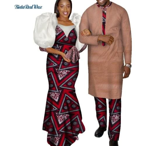 2021 African Mens Shirt+Pant set & Women Dress 1pcs Bazin Riche Couple Clothes Dashiki Lovers African Couple Clothing WYQ769