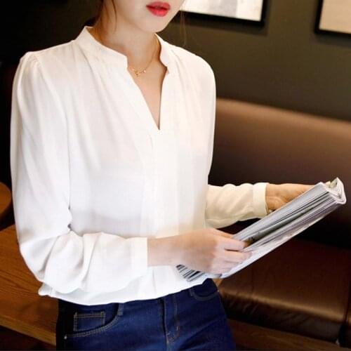 Spring Autumn Women White Blouses Office Shirts V-Neck Tops Long Sleeve Chiffon Blouse Female Ladies Work Wear 3 Colors
