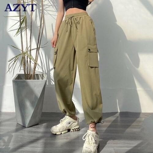 AZYT 2021 Autumn Winter New Cargo Pants Women Solid Color Big Pocket Women Sweatpants Streetwear Loose Jogger Trousers Female