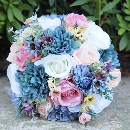 Flowers Bouquet Handmade Vintage Blue Silk Wild for Wedding Plain Color Bridal Bouquet Wedding Centerpieces Home Decoration