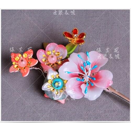 Colored Flower LingLong Jade Plum Blossom Bride Wedding Hair Stick Photography Hair Accessory