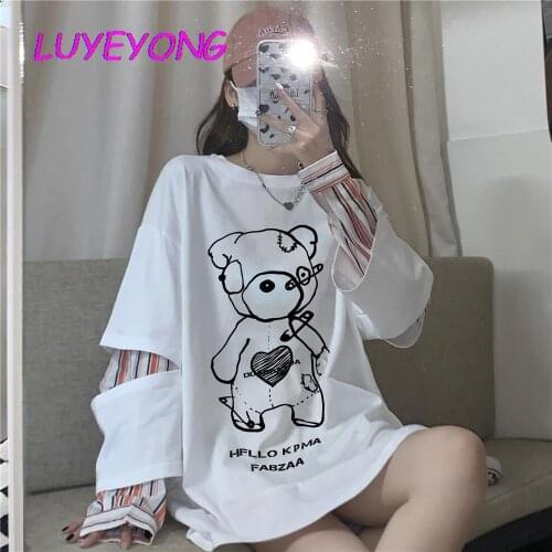 Y2k Street Fake-two-pieces Tops Autumn Women Cartoon Bear Print Striped Sleeve Spliced T-shirt Black White Haraju Lady T Shirt