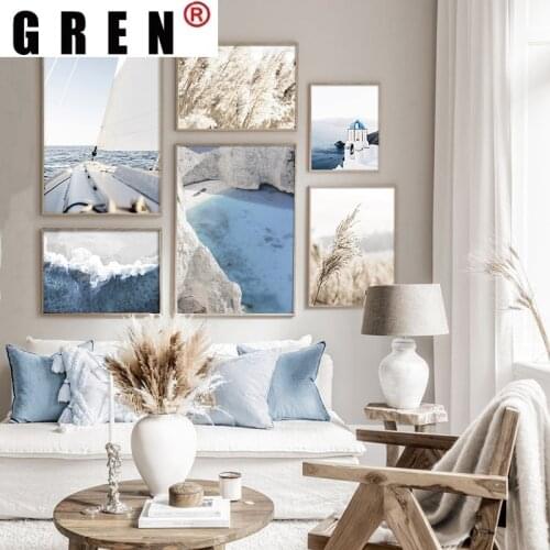 GREN Nature Landscape Aegean Sea Windmill Travel Canvas Painting Wall Art Print Poster Picture Nordic Living Home Decor