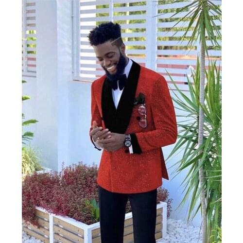 Costume Homme Mariage Red Shiny Men Suits Groom Prom Blazer Slim Fit 2 Pieces Wedding Tuxedos Terno Masculino Double Breasted