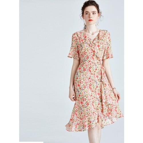 Red Green Floral Silk Dresses Women Natural Silk 2021 Summer Long Casual Sexy Office Work Daily Dress Plus Size Slim Fit A Line