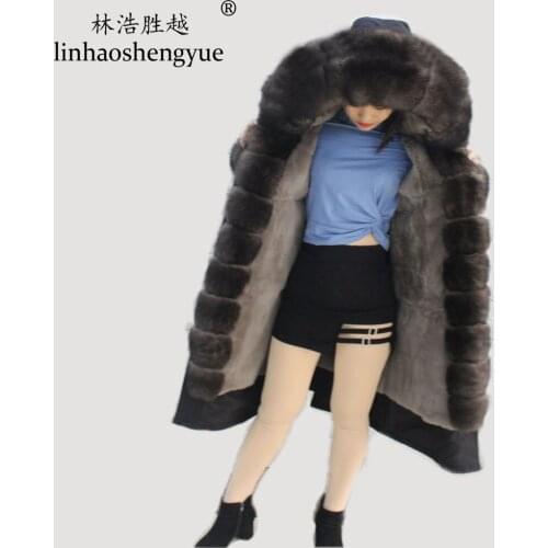 Linhaoshengyue New fox fur collar to park jacket female long coat female winter fur coat liner coat rabbit fur