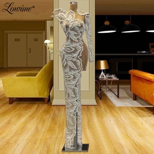 Lowime Illusion Lace Evening Dresses One Shoulder Beaded Formal Long Party Dress Abendkleider 2021 Dubai Beaded Prom Gowns Robes