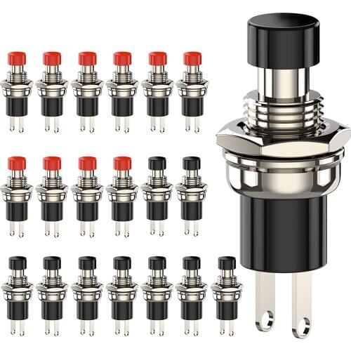 Momentary Push Button Switch, 1A 250VAC SPST Mini Pushbutton Switches Normally Open(NO) Black & Red Cap - 20pcs
