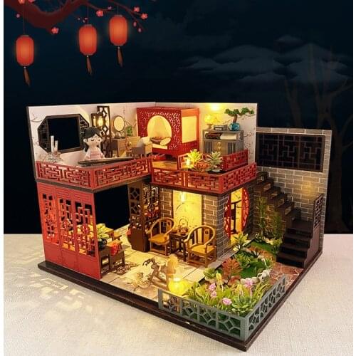DIY Wooden Dollhouse Miniature Furniture With LED Kits Chinese Antique Loft Doll Houses Assemble Toys for Children Gift Casa