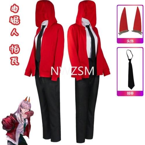 Anime Chainsaw Man Power Cosplay Costume wigs shoes uniform Outfits Red Jacket Hoodies Pants Devil Horn Bow-Tie Halloween suits