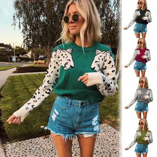New Style Cotton Fabric Women Winter Sweaters Fashion Leopard Pattern Long Sleeve Pullovers Slim Knitted Woollen Sweater Tops