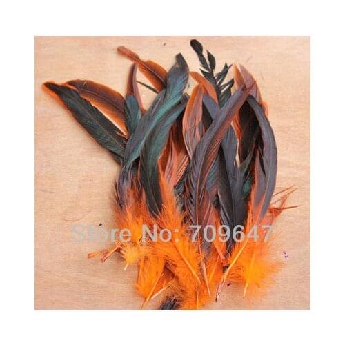 Orange Feather! 50PCS/LOT 12-14" Half Bronze Half Black Irridescent Rooster Tail Coque Feathers Dyed Orange Colour,plumas