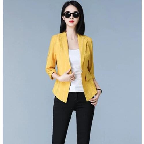 2021 Autumn Korean Casual Cotton And Linen Women Blazers And Jackets Yellow Black Blue White Striped Plus Size Office Work Wear
