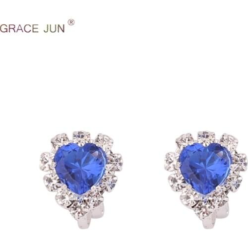 GRACE JUN New Arrival Cute Peach Heart Clip on Earrings No Pierced for Girl Fashion Rhinestone Crystal Cuff Earrings No Allergy