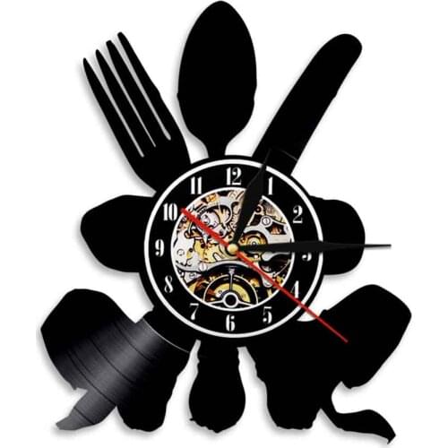 Fork Spoon Knife Vinyl Album Record Clock Kitchen Tableware Artwork Vintage Vinyl Disk Crafts Wall Clock For Home Dinning Room