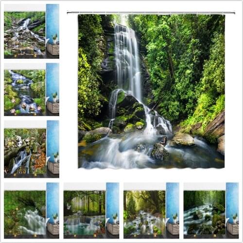 Waterfall Shower Curtains Summer Forest Green Plants Tree Landscape 3D Bathroom Home Decor Waterproof Polyester Cloth Curtain