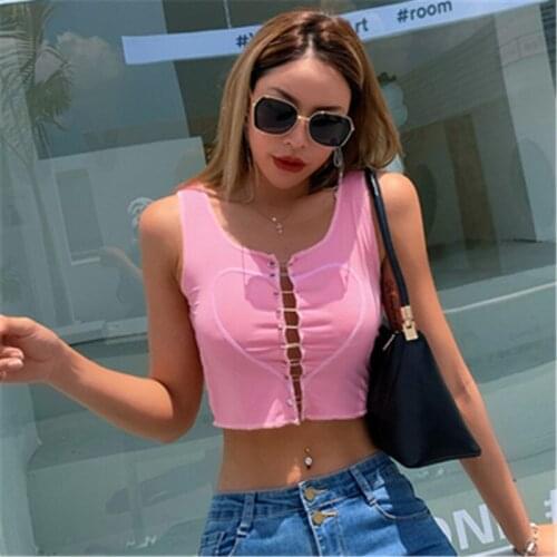 Womens Solid Color Crop Tops Camis Ladies Summer Sleeveless Front Heart Pattern Safety Pin Connect Hollowed Short Tank Tops