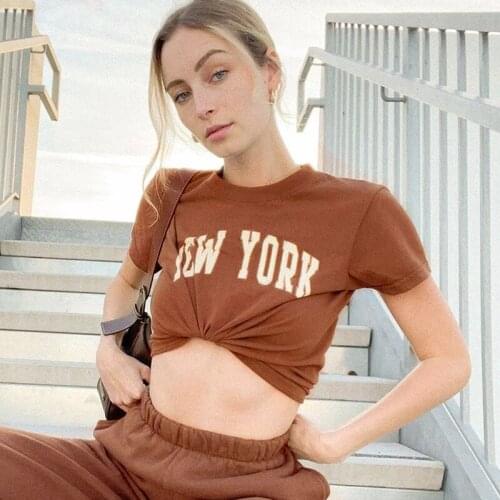 Letter Print Women Harajuku Summer Casual Short Sleeve O-Neck Brown Crop Top 90s Vintage Gothic Chic Streetwear Y2k Slim T-Shirt