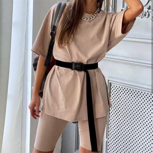 Womens Two-Piece Suit Casual Solid Color With Belt Home Loose Sportswear Fashion Bicycle Wear Summer Hot-Selling Leisure Suit