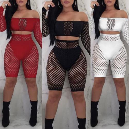 Meihuida Women Lace Crochet Cover Ups Hollow Out Swimwear Beachwear Bikinis Off Shoulder T-shirt Crop Tops High Waist Shorts