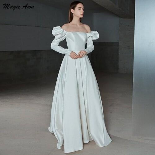 Magic Awn Chic Off The Shoudler Satin Wedding Dresses Long Sleeves Ivory Simple Bridal Gowns A-Line Cheap Robe De Mariee 2021