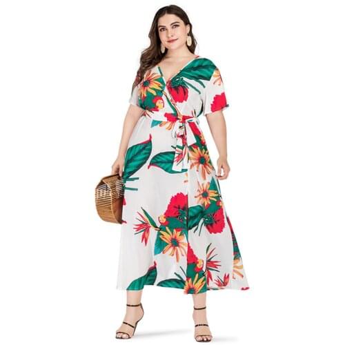 New summer plus size womens dress fashion Digital printing boho tropical tropical V-neck dress beach strap long dresses Female