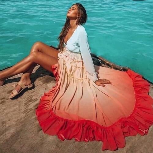 TEELYNN chiffon long sleeve maxi women dresses 2020 deep v neck sexy irregular Rainbow ruffles boho dress beach party vestiods