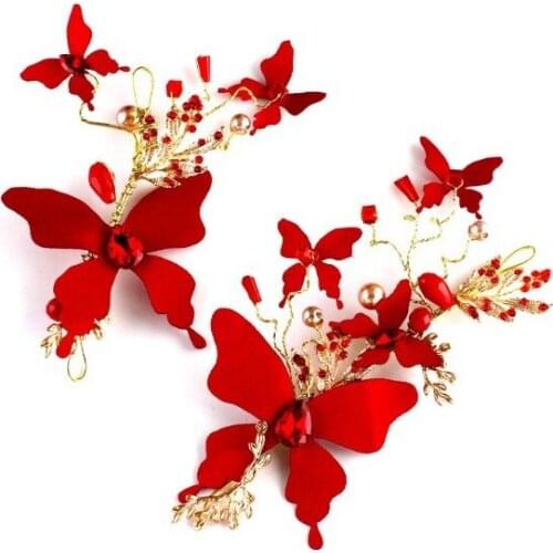 1 pair handmade Headdress red butterfly Rhinestone flower clip headdress head hairpin wedding jewelry dress hair accessorie