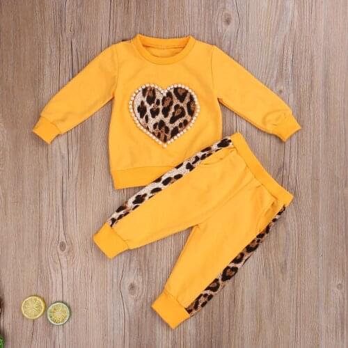 2 Pcs Babys Autumn Clothing Round-Neck Long-Sleeves Top with Pearl Leopard Heart Printed + Long Pants Outfit