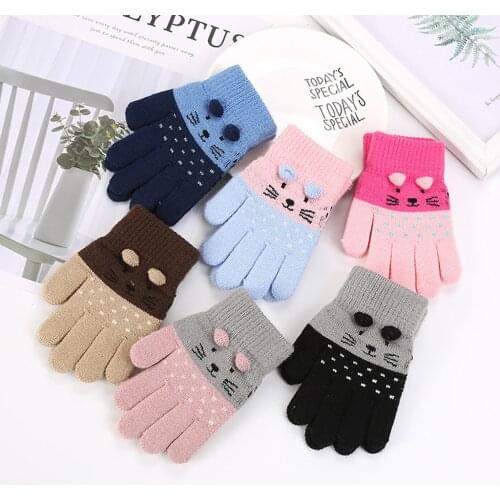 3-7Years Kids Winter Cat Print Gloves Children Kids Boys Girls Winter Cute Cartoon Animal Warm Knitted Gloves Перчатки Хлопковые