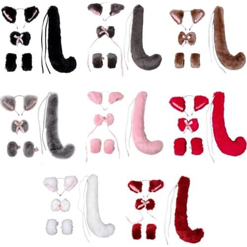 5 Pieces Animal Roleplay Furry Set Kitty Ear Headwear Long Fur Wolf Tail Anime Lolita Gothic Accessory for Costume Party
