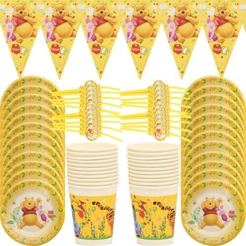 93pcs/lot Disney Winnie the Pooh Party Theme Disposable Tableware Cup Paper Plate For Baby Boy Girls Happy Birthday Decoration