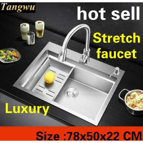 Free shipping Apartment kitchen manual sink single trough 304 stainless steel sliding board stretch faucet hot sell 78x50x22 MM