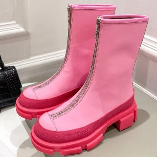 Round Toe Genuine Leather Ankle Boots Women New Thick Bottom Knight Boots Lace Up Autumn Winter Trend Short Booties for Female