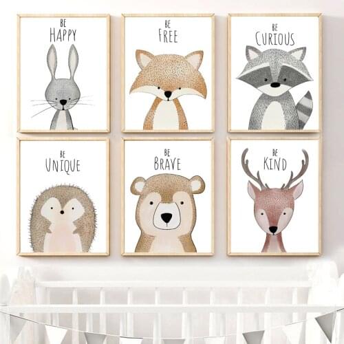 Deer Bear Fox Rabbit Raccoon Nursery Wall Art Canvas Painting Nordic Posters And Prints Wall Pictures For Baby Kids Room Decor