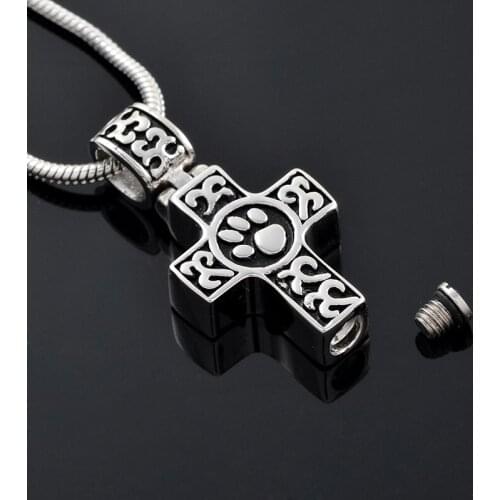 IJD9786 Pet Funeral Keepsake Wholesale or Retail Stainless Steel Paw Print Cross Memorial Urn Cremation Pendant Necklace for Ash