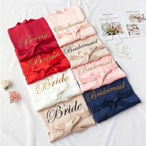 Exquisite Letter Embroidery Bride Bridesmaid Wedding Robe Kimono Gown Sexy Short Sleepwear Casual Satin Silky Women Nightgown
