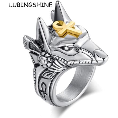 Women Men Punk Anubis Egyptian Cross Beast Finger Ring Stainless Steel Vintage Wolf Knuckle Rings Fashion Jewelry Gift Anel