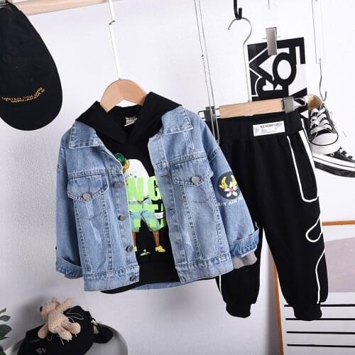 2021 Cotton Baby Boys Girls Clothes Set Spring Autumn Kids Denim Coat + Hoodie + Pants 3pcs Suit Childrens Tracksuits 2-7Year