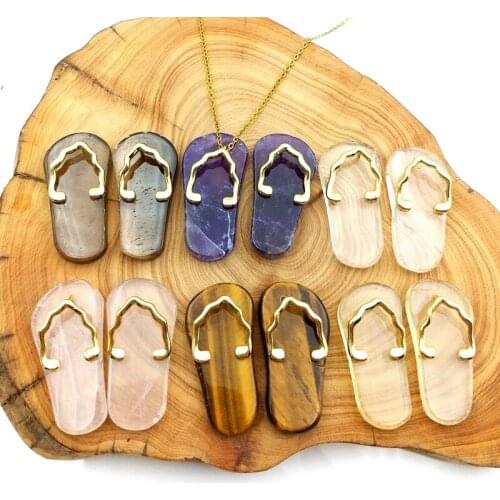 Natural gems stone pendant gold color plated cute slippers pendant amethysts crystal rose quartzs charm for necklace DIY