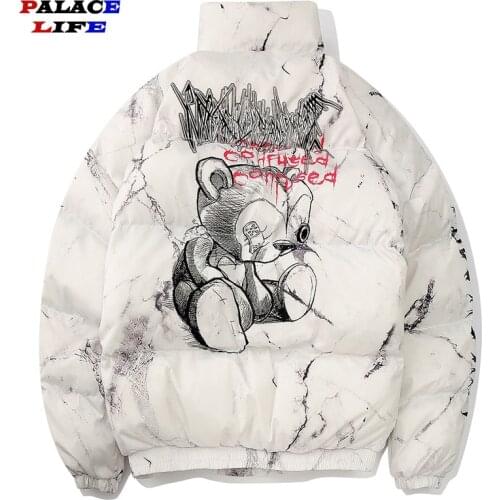 Men winter coat Hip Hop Bear Graffiti Zipper Pockets Thick Jackets Men Fashion Casual texture printing streetwear jacket tops