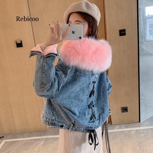 Winter Women Denim Jacket Faux Fur Collar Chic Ladies Coats Big Pocket Plus Velvet Jeans Jacket Lace Up Bow Loose Outerwear