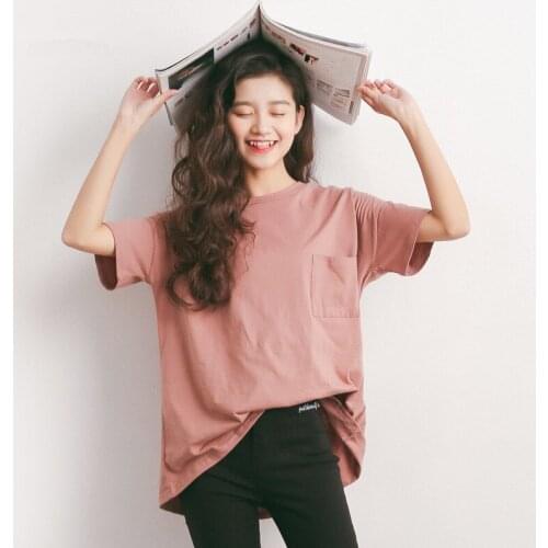 DHfinery summer Loose t-shirt Women short sleeve solid color O-neck Casual t-shirts girls Candy color Loose T shirt A606