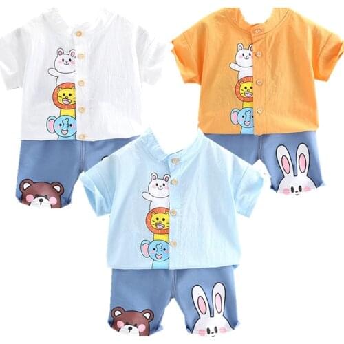 Hot Lovely Toddler Boy Summer Set Cartoon Animal Short Sleeve T Shirt + jeans 2PCS For Kid Outfits Baby Boys Clothes Suit Cheap