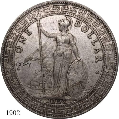 UK 1902 Coin United Kingdom 1 Dollar British Trade Hong Kong Cupronickel Plated Silver Metal Antique Imitation Copy Coins