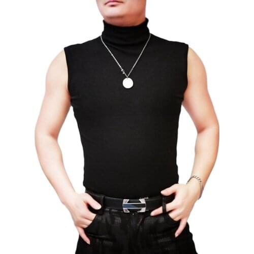 Men High Elastic Lycra Cotton Tank Sleeveless Bulky Turtleneck Sports Wear T-Shirt Vest Thin Fleece Winter Gym Fitness Warm Tank
